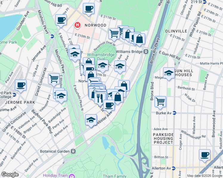 map of restaurants, bars, coffee shops, grocery stores, and more near 3200 Hull Avenue in The Bronx