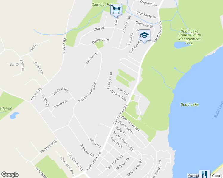 map of restaurants, bars, coffee shops, grocery stores, and more near 56 Iroquois Trail in Mount Olive Township