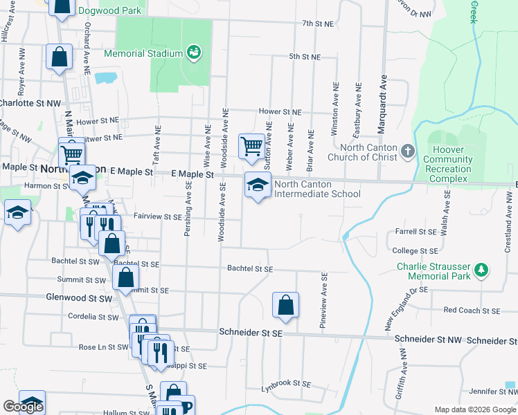 map of restaurants, bars, coffee shops, grocery stores, and more near 150 Clearmount Avenue Southeast in North Canton