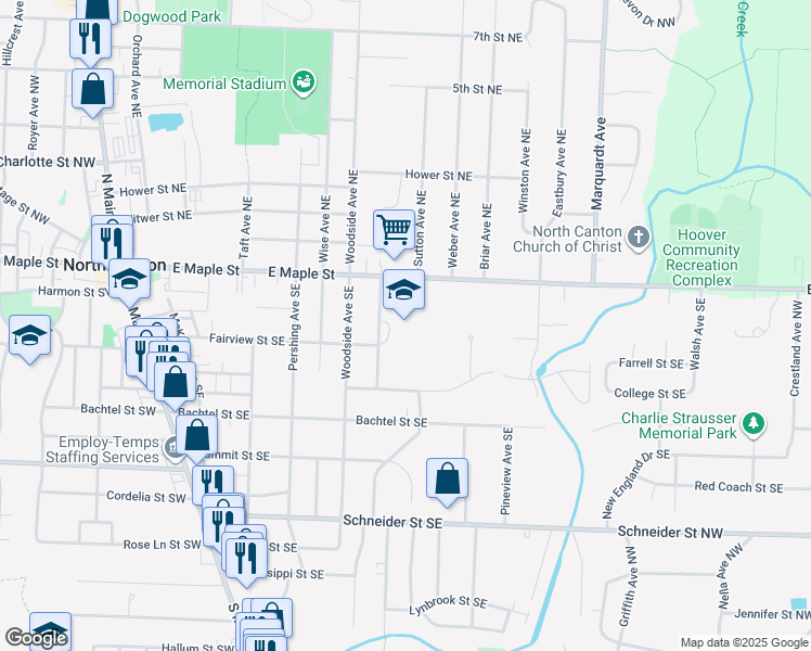 map of restaurants, bars, coffee shops, grocery stores, and more near 150 Clearmount Avenue Southeast in North Canton