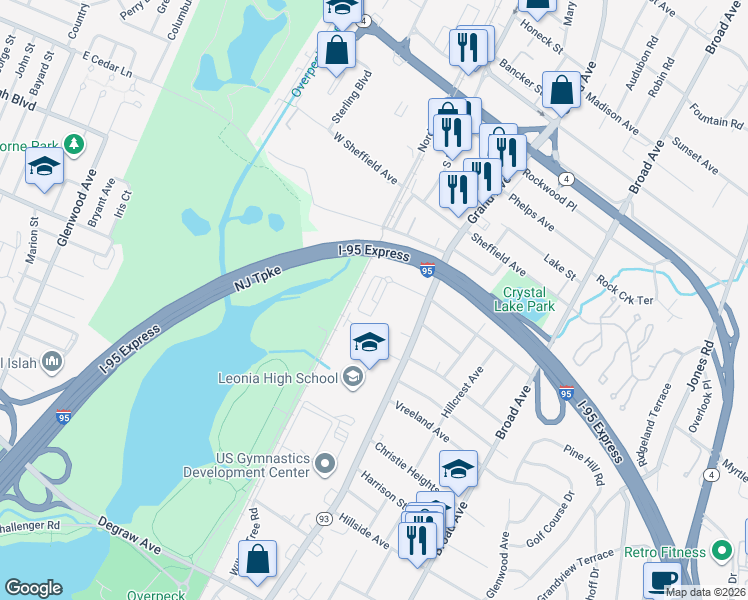 map of restaurants, bars, coffee shops, grocery stores, and more near 8B Lakeview Avenue in Leonia