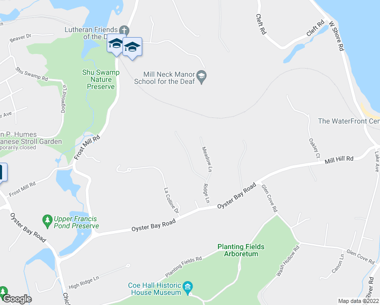 map of restaurants, bars, coffee shops, grocery stores, and more near 358 Ridge Lane in Mill Neck