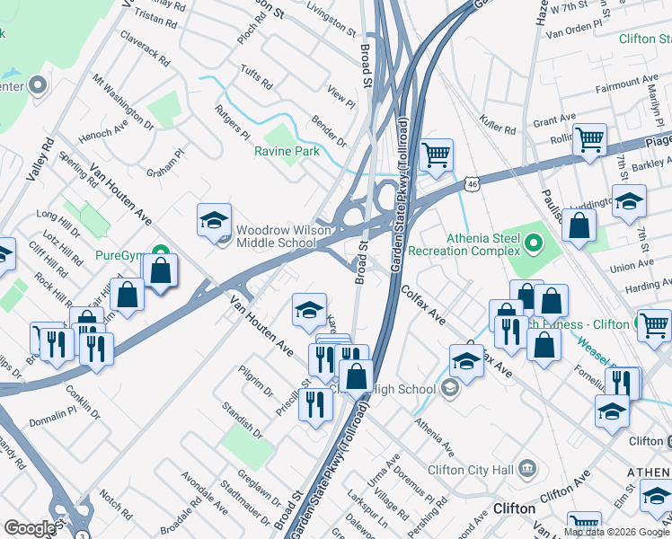 map of restaurants, bars, coffee shops, grocery stores, and more near 658 Broad Street in Clifton