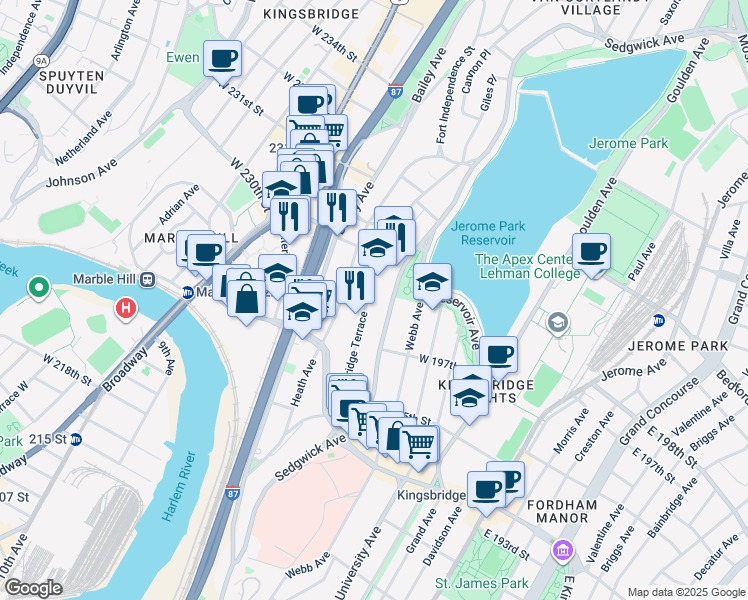 map of restaurants, bars, coffee shops, grocery stores, and more near 2856 Kingsbridge Terrace in Bronx