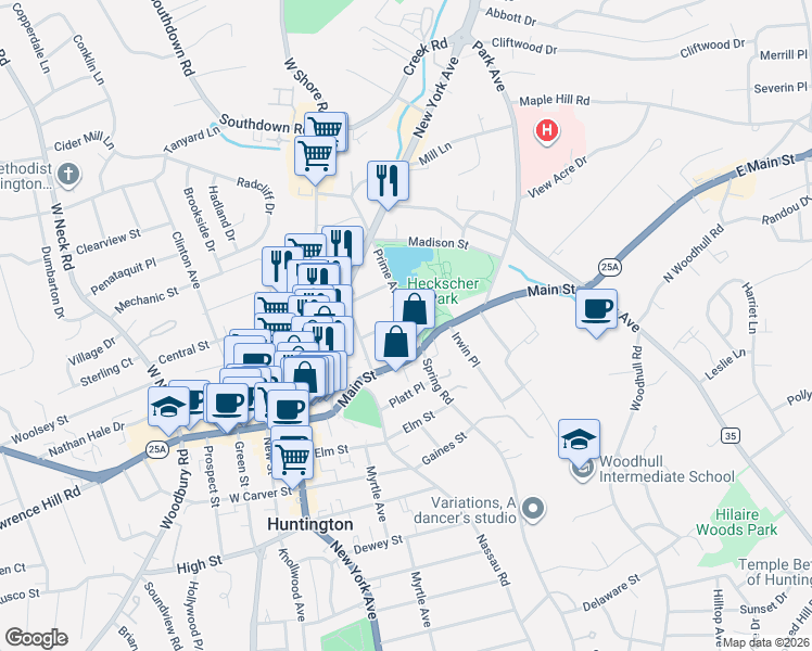 map of restaurants, bars, coffee shops, grocery stores, and more near 157 Main Street in Cold Spring Harbor