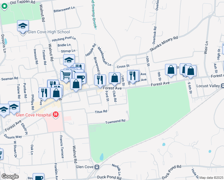 map of restaurants, bars, coffee shops, grocery stores, and more near 12 Club Road in Glen Cove