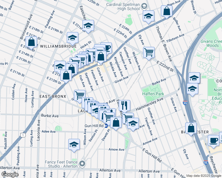 map of restaurants, bars, coffee shops, grocery stores, and more near 3221 Eastchester Road in Bronx