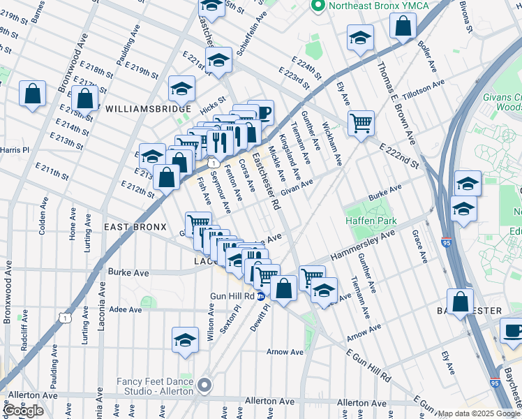 map of restaurants, bars, coffee shops, grocery stores, and more near 3232 Fenton Avenue in Bronx