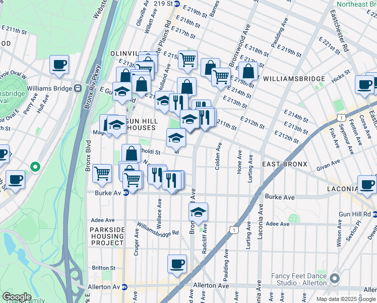 map of restaurants, bars, coffee shops, grocery stores, and more near 3309 Bronxwood Avenue in Bronx