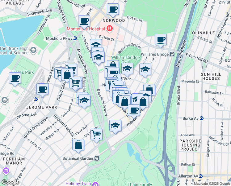 map of restaurants, bars, coffee shops, grocery stores, and more near 3066 Bainbridge Avenue in Bronx