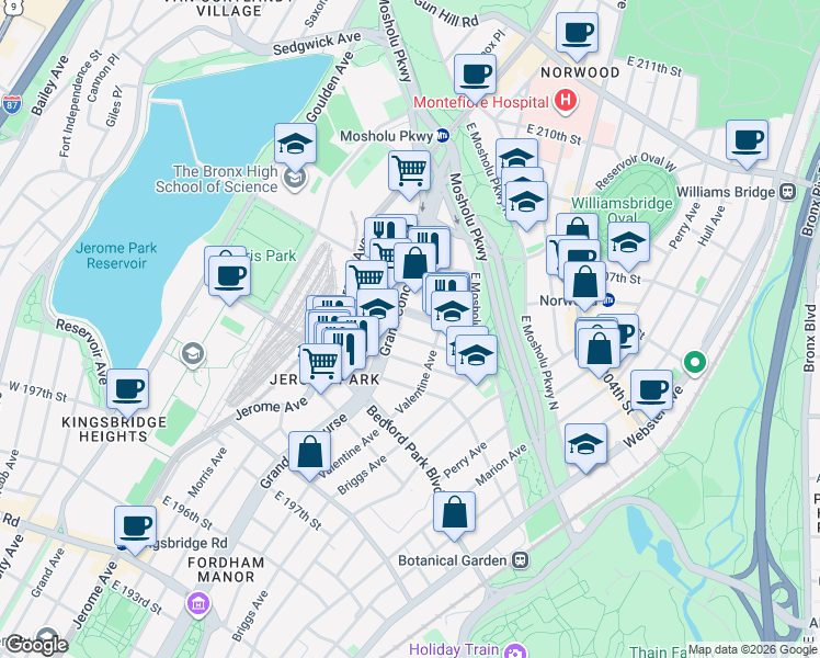map of restaurants, bars, coffee shops, grocery stores, and more near 234 East 203rd Street in Bronx