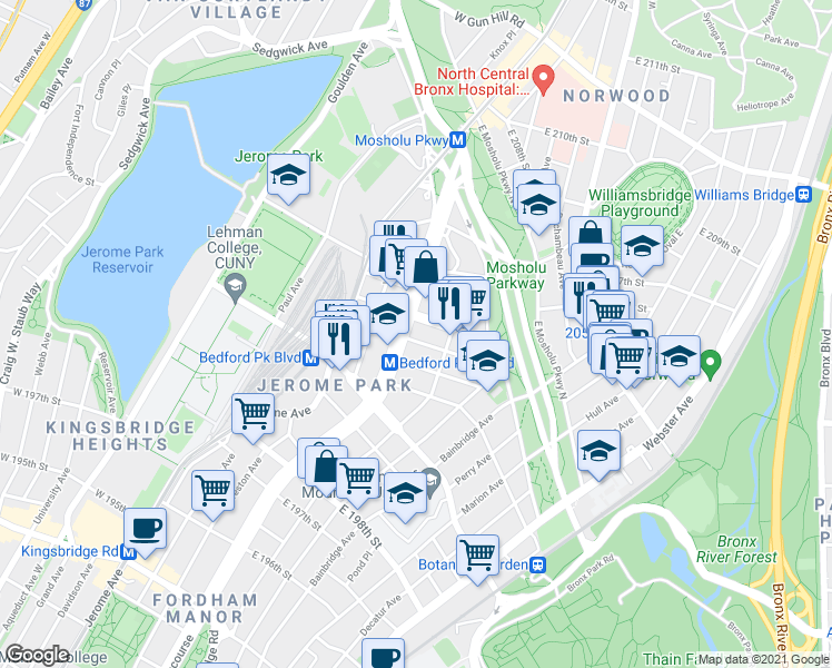 map of restaurants, bars, coffee shops, grocery stores, and more near 234 East 203rd Street in Bronx