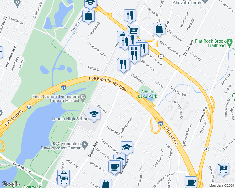 map of restaurants, bars, coffee shops, grocery stores, and more near 624 New Jersey 93 in Leonia