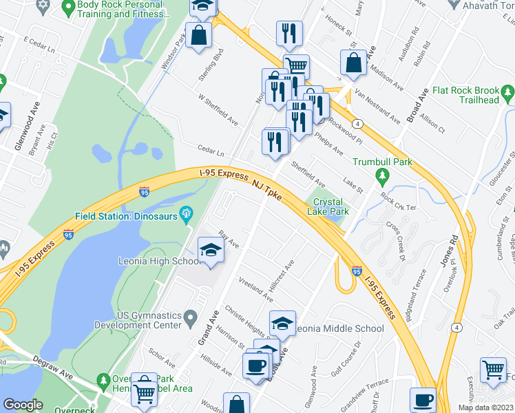 map of restaurants, bars, coffee shops, grocery stores, and more near 624 New Jersey 93 in Leonia