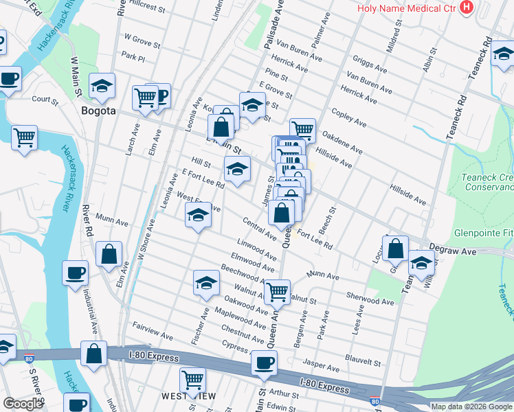 map of restaurants, bars, coffee shops, grocery stores, and more near 175 Central Avenue in Bogota