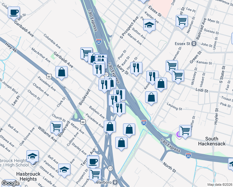 map of restaurants, bars, coffee shops, grocery stores, and more near 357 East Pleasantview Avenue in Hackensack