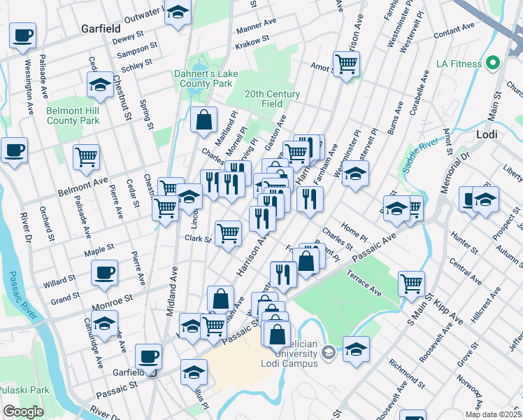 map of restaurants, bars, coffee shops, grocery stores, and more near 209 Harrison Avenue in Garfield