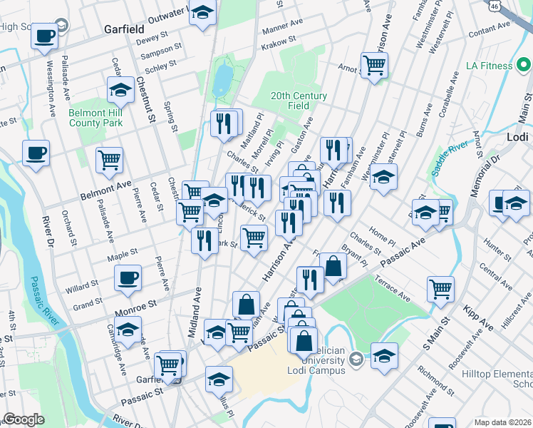 map of restaurants, bars, coffee shops, grocery stores, and more near 107 Frederick Street in Garfield