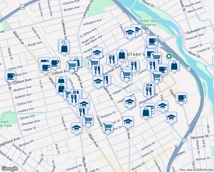 map of restaurants, bars, coffee shops, grocery stores, and more near 153 Center Street in Clifton