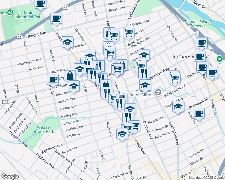 map of restaurants, bars, coffee shops, grocery stores, and more near 8 Grace Avenue in Clifton