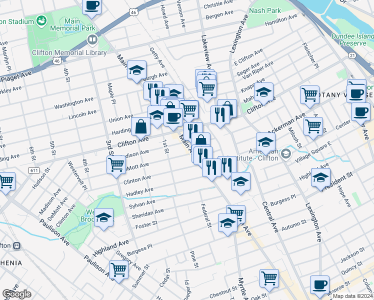 map of restaurants, bars, coffee shops, grocery stores, and more near 19 DeMott Avenue in Clifton