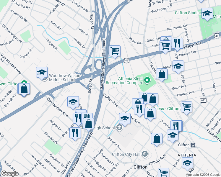 map of restaurants, bars, coffee shops, grocery stores, and more near in Clifton