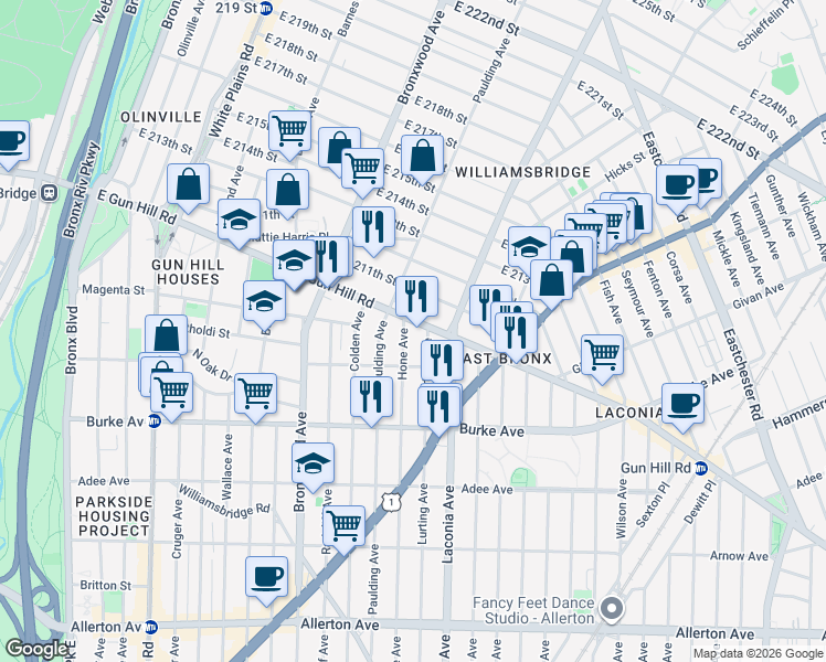 map of restaurants, bars, coffee shops, grocery stores, and more near 3320 Hone Avenue in Bronx