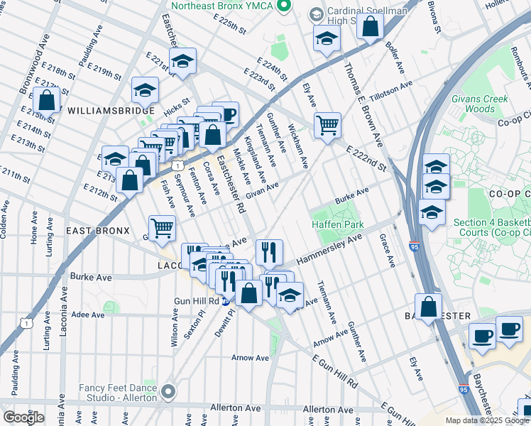 map of restaurants, bars, coffee shops, grocery stores, and more near 3220 Mickle Avenue in The Bronx