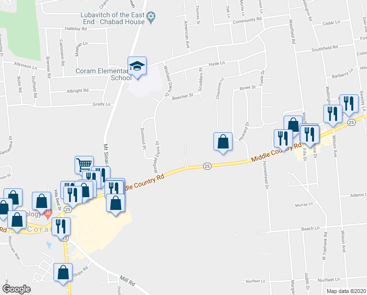 map of restaurants, bars, coffee shops, grocery stores, and more near 21 Country Club Drive in Coram