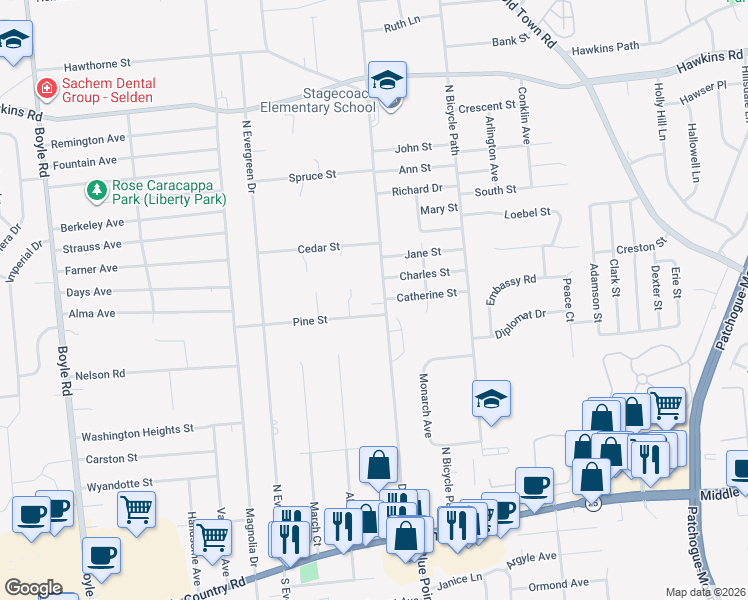 map of restaurants, bars, coffee shops, grocery stores, and more near 8 Pine Street in Selden