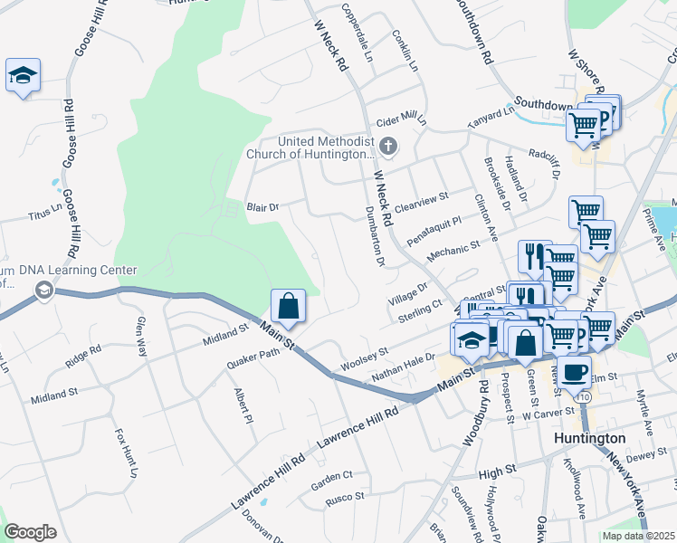 map of restaurants, bars, coffee shops, grocery stores, and more near 15 Griffith Lane in Huntington