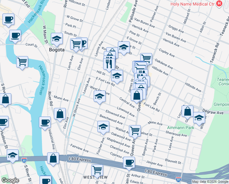 map of restaurants, bars, coffee shops, grocery stores, and more near 140 Central Avenue in Bogota