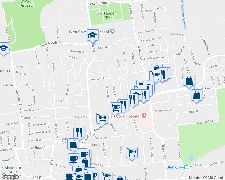 map of restaurants, bars, coffee shops, grocery stores, and more near 15 Purdue Road in Glen Cove