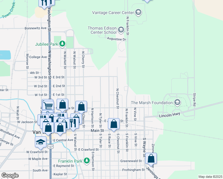 map of restaurants, bars, coffee shops, grocery stores, and more near 343 North Race Street in Van Wert