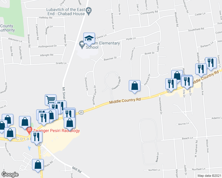 map of restaurants, bars, coffee shops, grocery stores, and more near 40 Country Club Drive in Coram