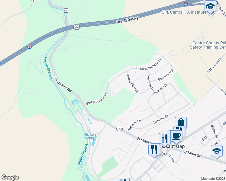 map of restaurants, bars, coffee shops, grocery stores, and more near Birchwood Lane in Pleasant Gap