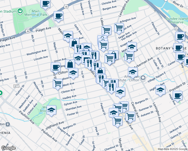 map of restaurants, bars, coffee shops, grocery stores, and more near 19 DeMott Avenue in Clifton