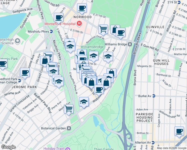 map of restaurants, bars, coffee shops, grocery stores, and more near Perry Ave & E 205th St in Bronx
