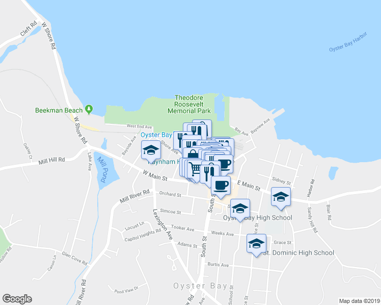 map of restaurants, bars, coffee shops, grocery stores, and more near 93 Audrey Avenue in Oyster Bay