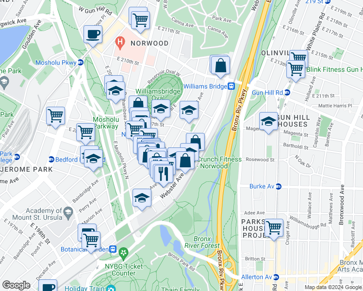 map of restaurants, bars, coffee shops, grocery stores, and more near 3187 Parkside Place in The Bronx