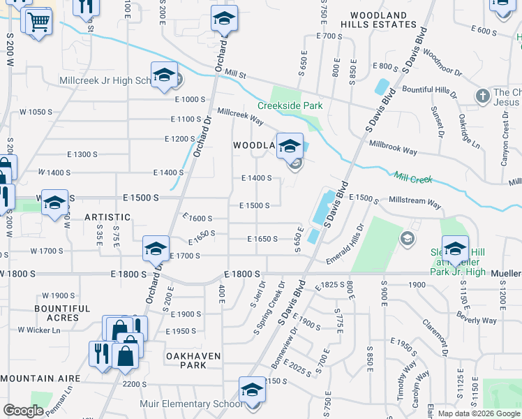 map of restaurants, bars, coffee shops, grocery stores, and more near 542 East 1600 South in Bountiful