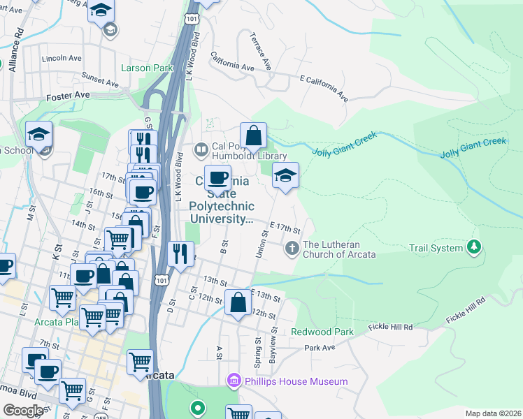map of restaurants, bars, coffee shops, grocery stores, and more near in Arcata