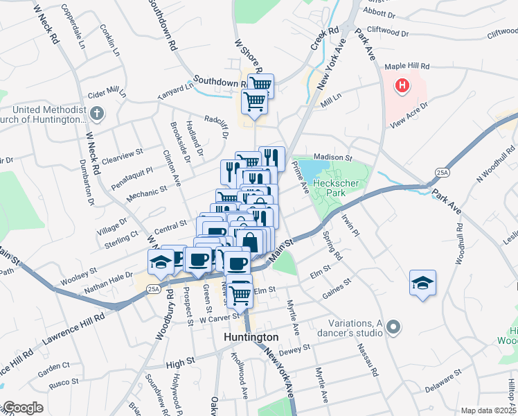 map of restaurants, bars, coffee shops, grocery stores, and more near 57 Stewart Avenue in Huntington