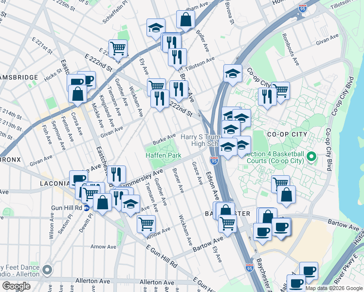 map of restaurants, bars, coffee shops, grocery stores, and more near in Bronx