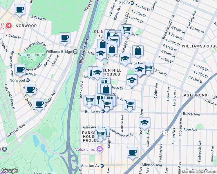 map of restaurants, bars, coffee shops, grocery stores, and more near 725 North Oak Drive in Bronx