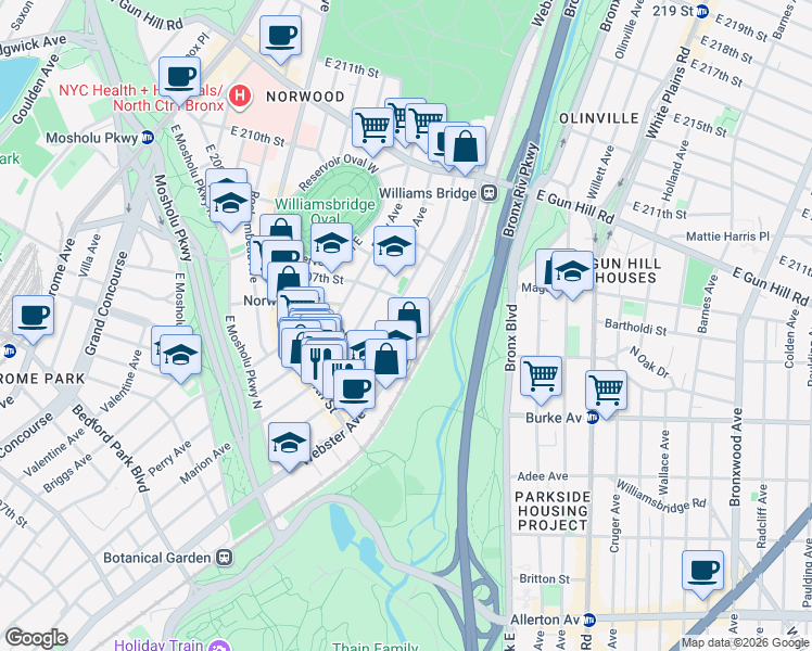 map of restaurants, bars, coffee shops, grocery stores, and more near in The Bronx
