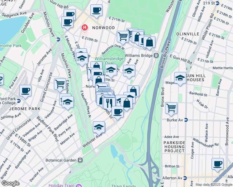 map of restaurants, bars, coffee shops, grocery stores, and more near in The Bronx