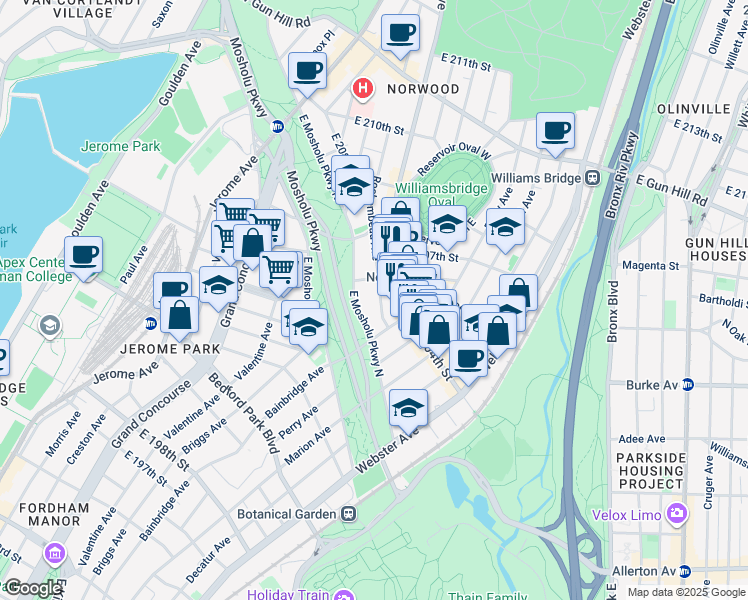 map of restaurants, bars, coffee shops, grocery stores, and more near in The Bronx