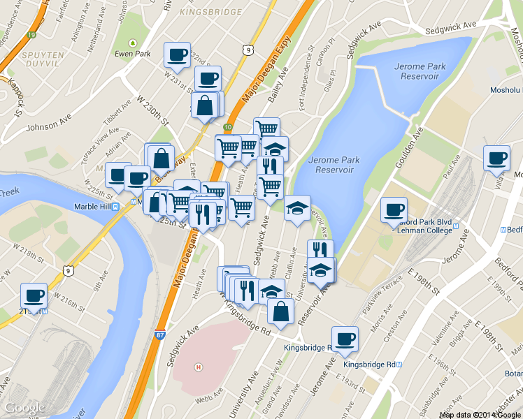 map of restaurants, bars, coffee shops, grocery stores, and more near 2835 Sedgwick Avenue in Bronx