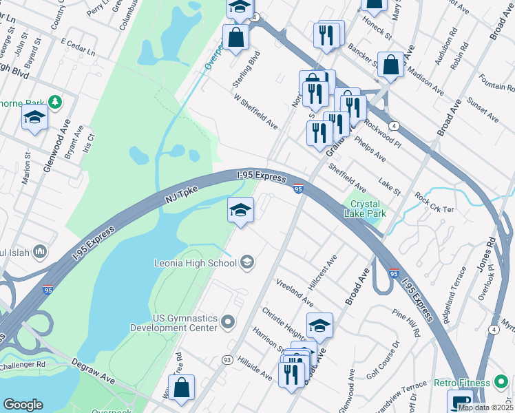 map of restaurants, bars, coffee shops, grocery stores, and more near 12A Lakeview Avenue in Leonia
